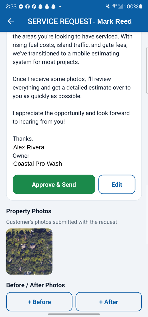 A job card in SMB Automate: an estimate message drafted in the owner's voice, with green Approve & Send and Edit buttons, plus the customer's property photos and before/after photo slots.