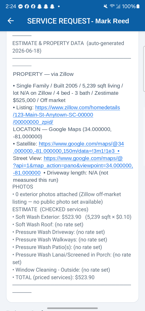 An auto-generated estimate in SMB Automate showing enriched property data and itemized services with computed prices, such as Soft Wash Exterior priced from square footage.