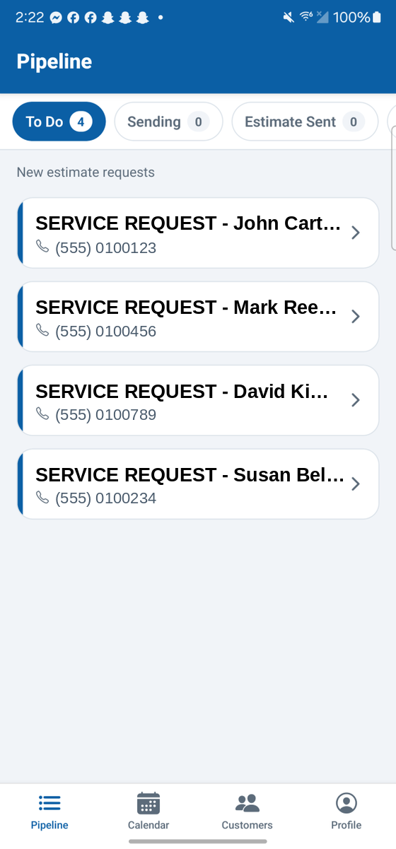 SMB Automate pipeline screen showing incoming service requests in a To&nbsp;Do column, with Sending and Estimate Sent tabs across the top.